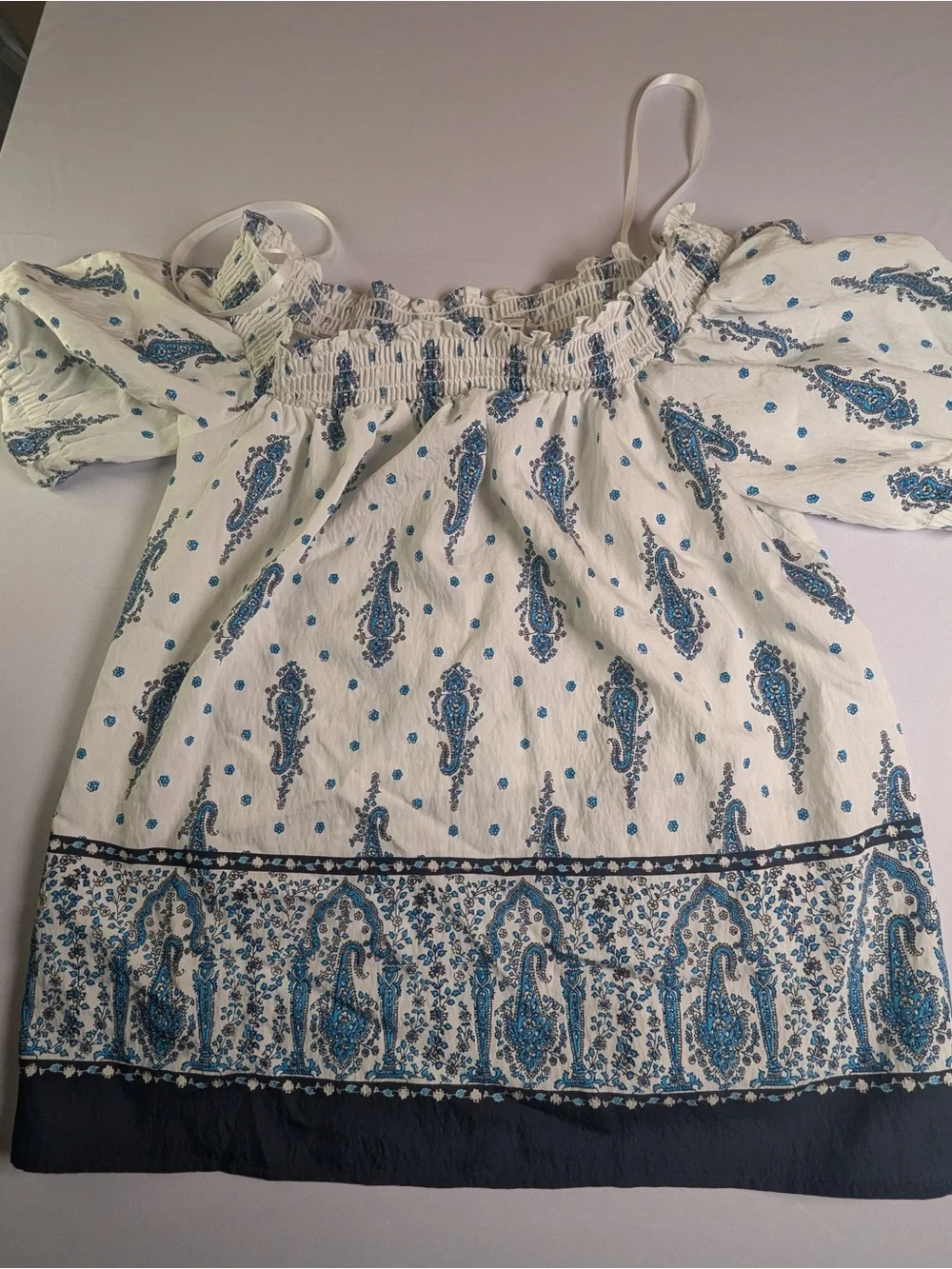 LOFT White Off-Shoulder Top with Blue Paisley Print